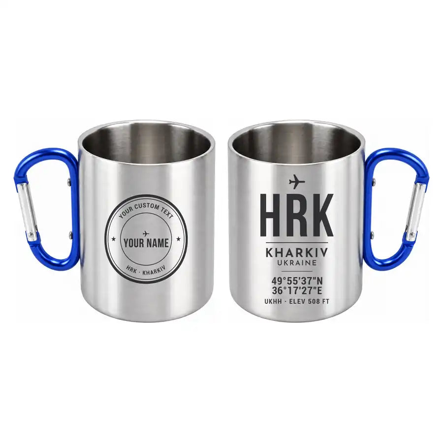 Kharkiv International Airport (HRK) Stainless Steel Mugs - ID Tag + Custom Back - Outdoors Mug - Blue