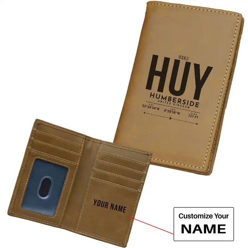 Humberside Airport (HUY) Leather Wallets - Card Holder Wallet - Light - Tag + Name