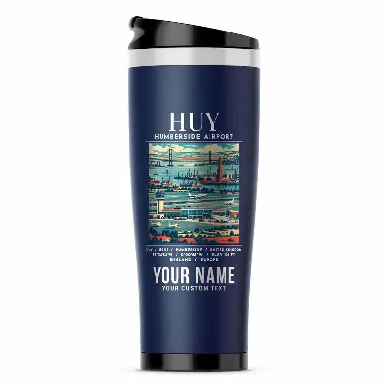 Humberside Airport (HUY) Travel Mugs - Poster + Name - Stainless Steel (No Holder) - Dark Blue