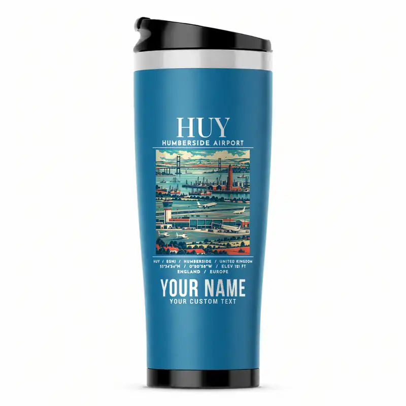 Humberside Airport (HUY) Travel Mugs - Poster + Name - Stainless Steel (No Holder) - Light Blue