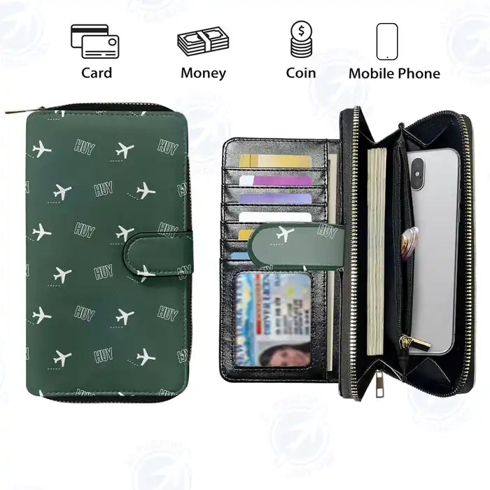 Humberside Airport (HUY) Leather Wallets - Zip Long Wallet - Pattern - Dark Green