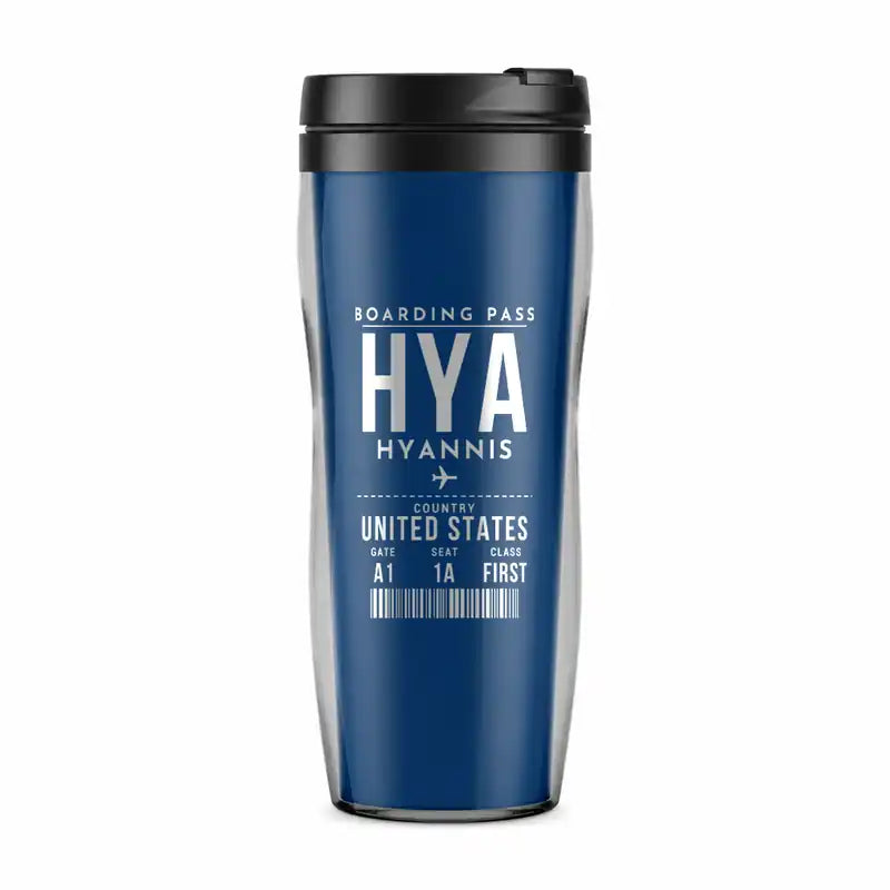 Hyannis Cape Cod Gateway Airport (HYA) Travel Mugs - Boarding Pass - Plastic (No Holder) - Blue
