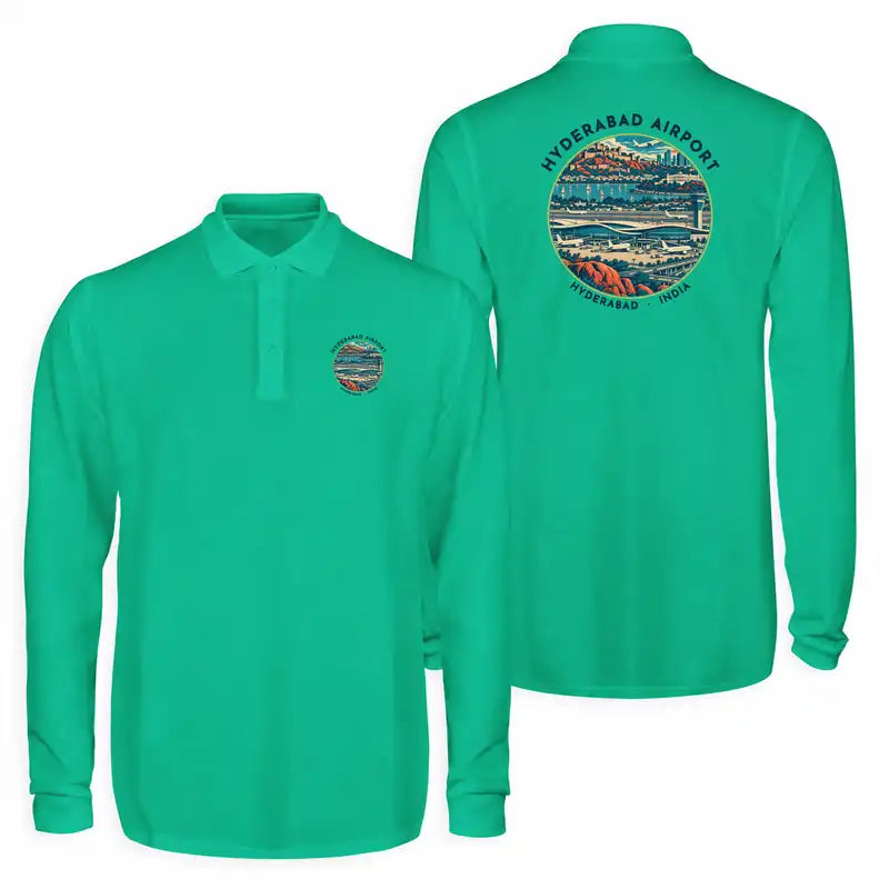 Rajiv Gandhi International Airport Hyderabad (HYD) Premium Polo T-Shirts - Badge - Long Sleeve - Green
