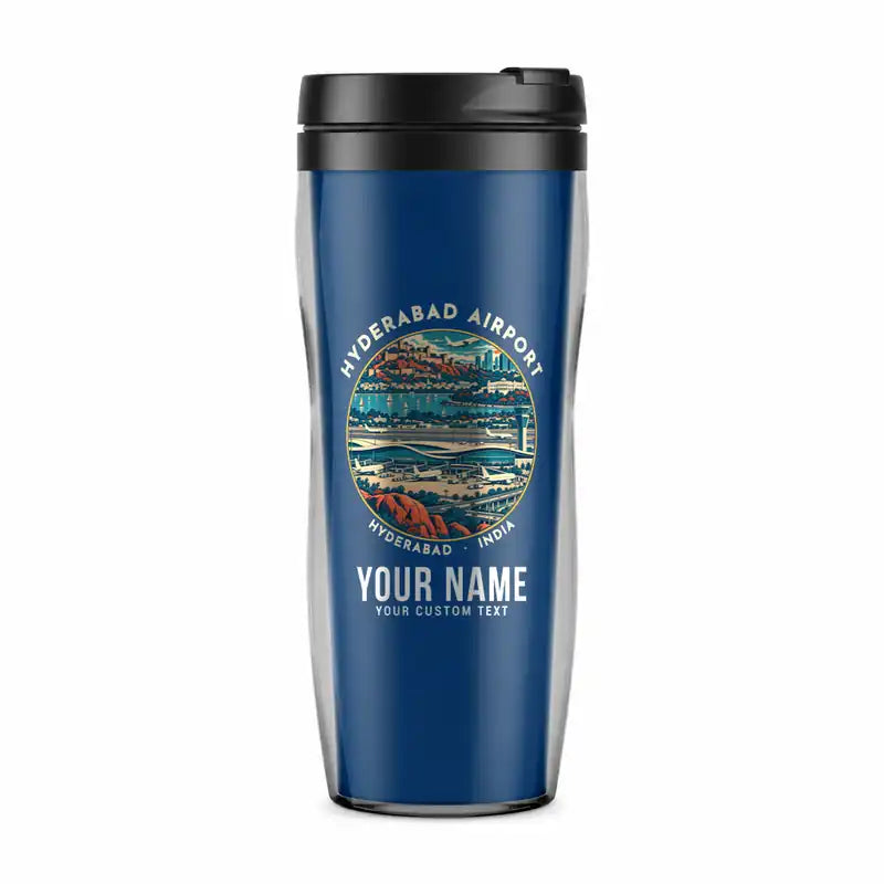 Rajiv Gandhi International Airport Hyderabad (HYD) Travel Mugs - Badge + Name - Plastic (No Holder) - Blue