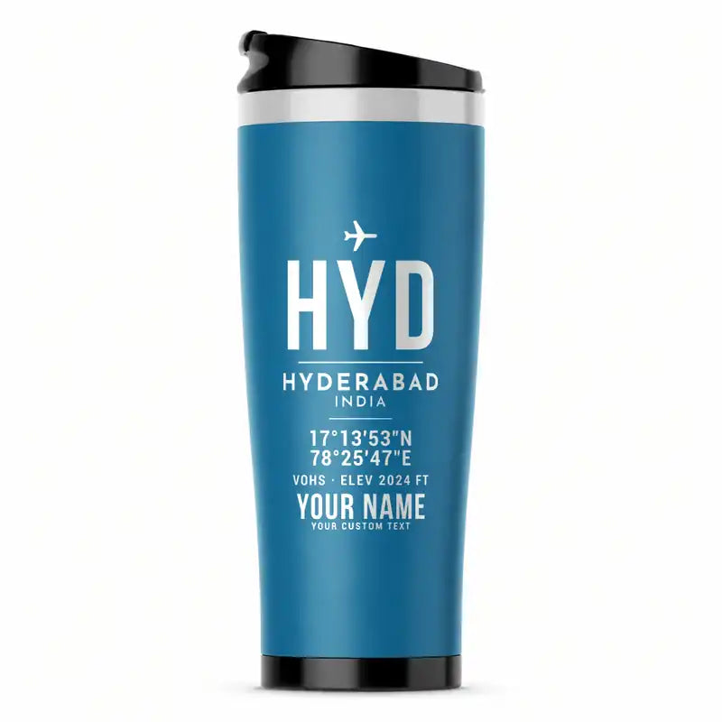 Rajiv Gandhi International Airport Hyderabad (HYD) Travel Mugs - ID Tag + Name - Stainless Steel (No Holder) - Light Blue