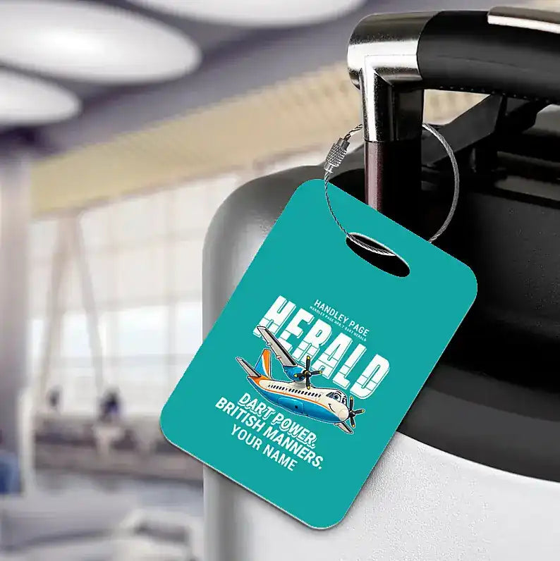 Handley Page HPR.7 Dart Herald - Cartoon + Name - Luggage Tag - Turquoise