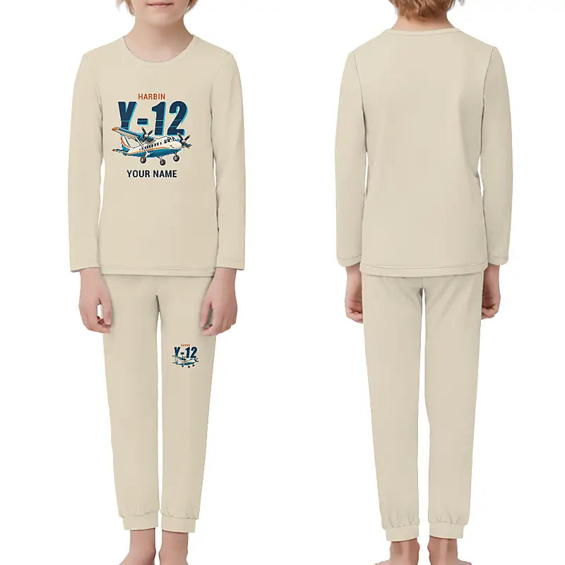 Harbin Y-12E - Children Pajamas - Cartoon Chest + Name - Beige