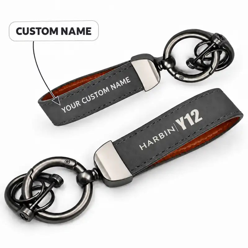 Harbin Y-12E - Leather Key Chain - Horseshoe Buckle - Tag - Gray + Name