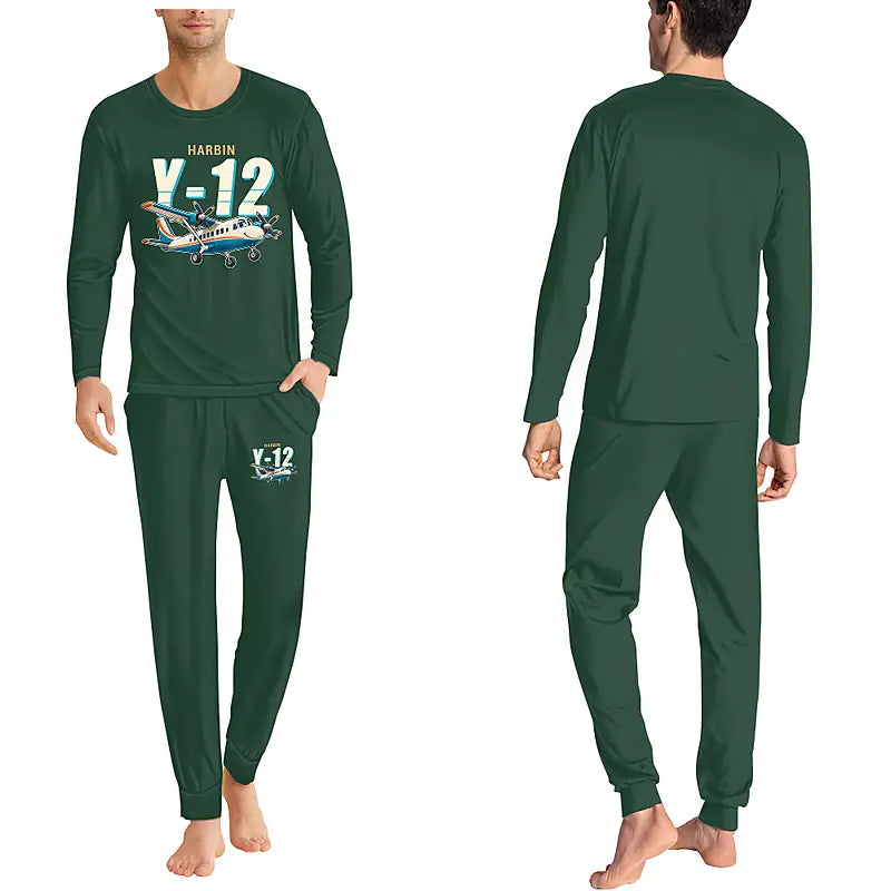 Harbin Y-12E - Men Pajamas - Cartoon Chest - Dark Green