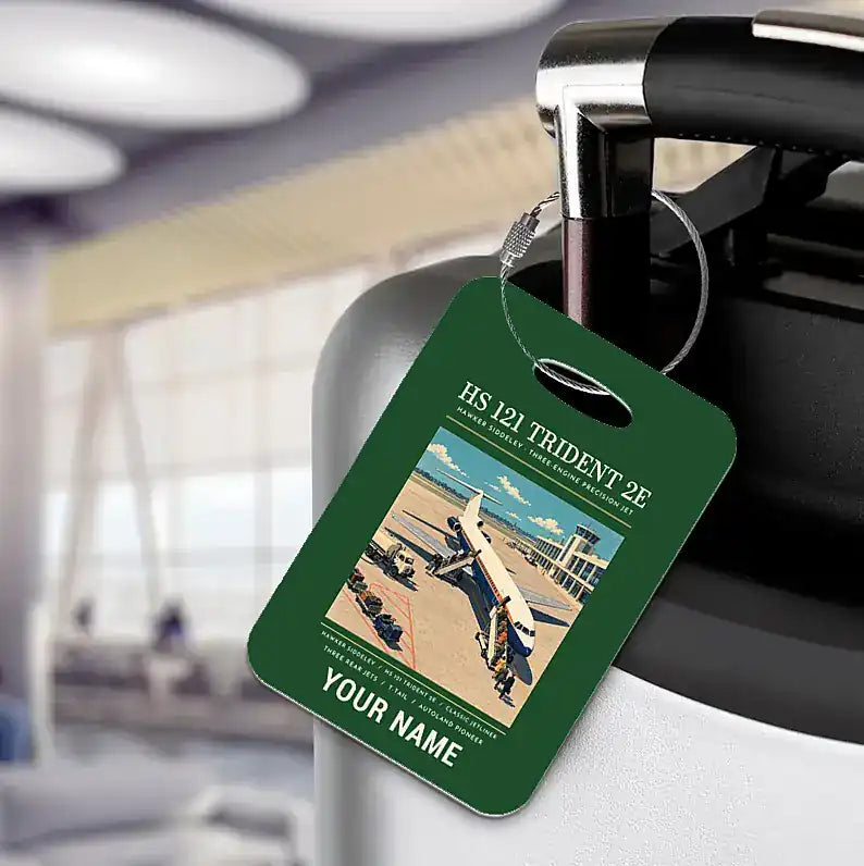 Hawker Siddeley HS 121 Trident 2E - Poster + Name - Luggage Tag - Dark Green