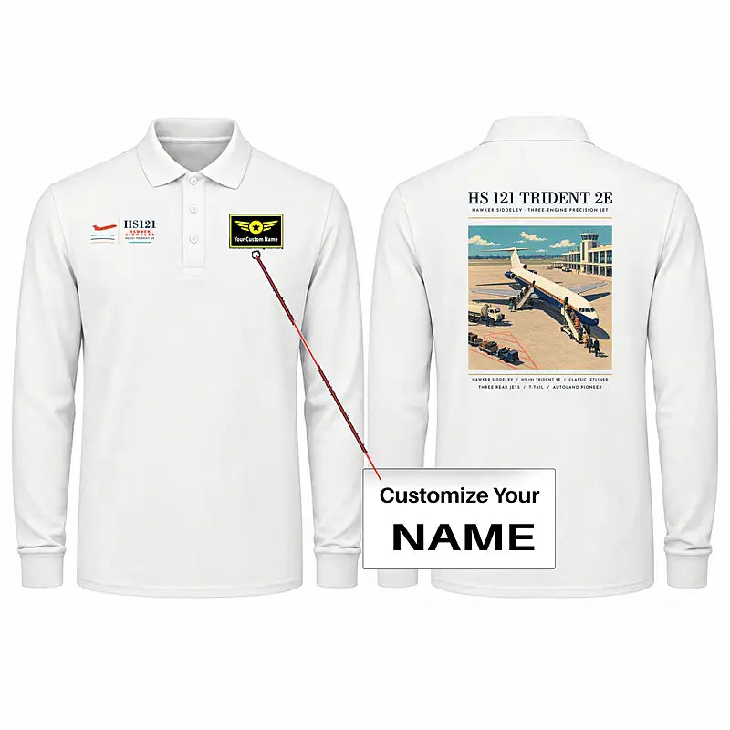 Hawker Siddeley HS 121 Trident 2E Premium Polo T-Shirts - Poster + Name - Long Sleeve - White