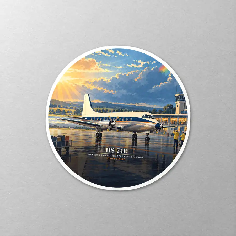 Hawker Siddeley HS 748 Series 2A - 3D + Name - Circle Sticker - Close-up
