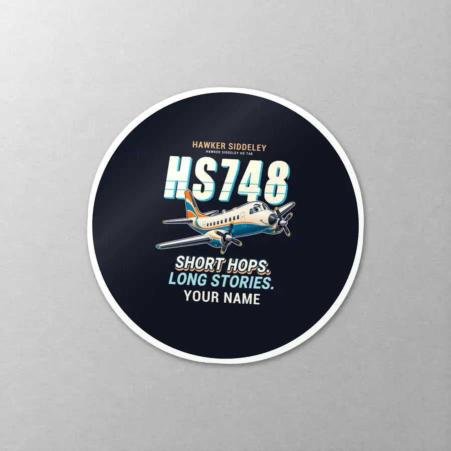 Hawker Siddeley HS 748 Series 2A - Cartoon + Name - Circle Sticker - Close-up