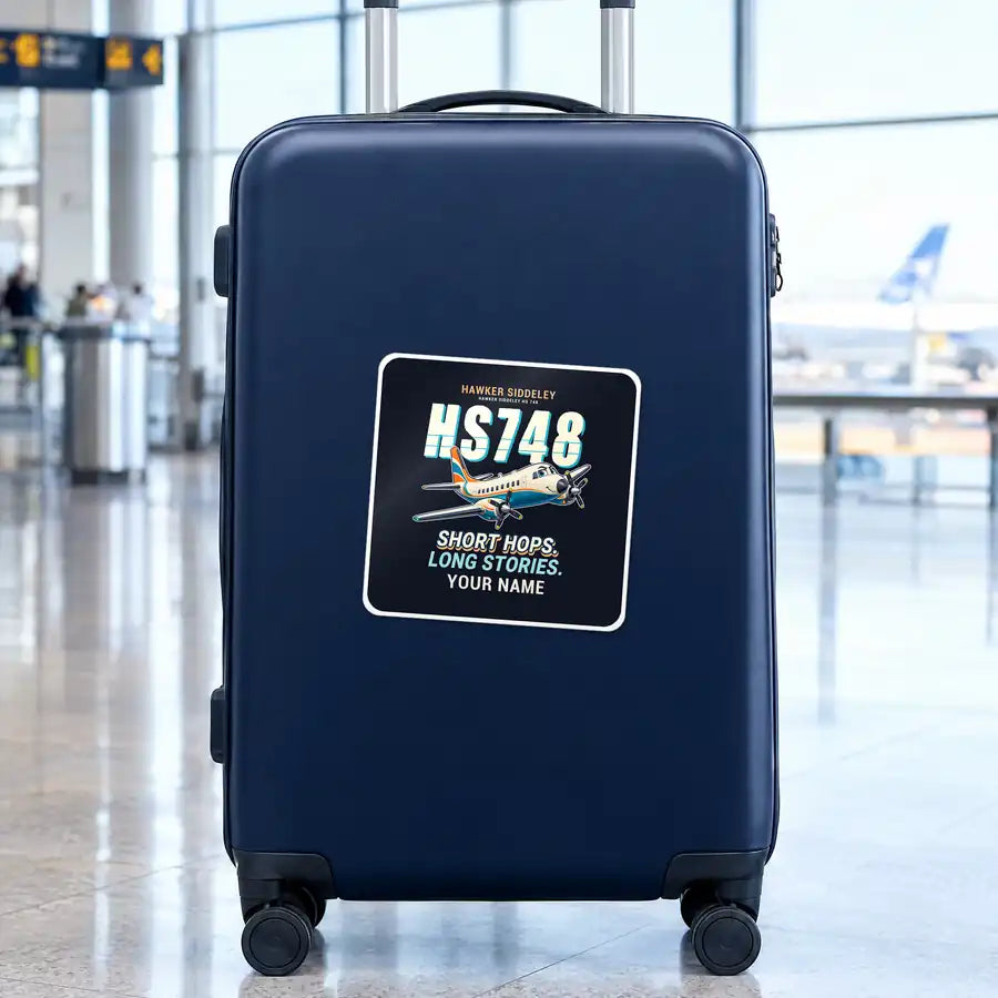 Hawker Siddeley HS 748 Series 2A - Cartoon + Name - Square Sticker - Suitcase