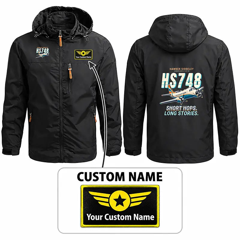 Hawker Siddeley HS 748 Series 2A Stylish Jackets - Hooded Windbreaker - Cartoon + Name - Black