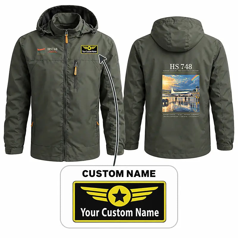 Hawker Siddeley HS 748 Series 2A Stylish Jackets - Hooded Windbreaker - Poster + Name - Olive Green