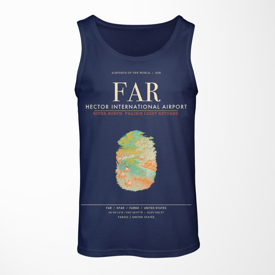 Hector International Airport (FAR) design on dark blue tank top