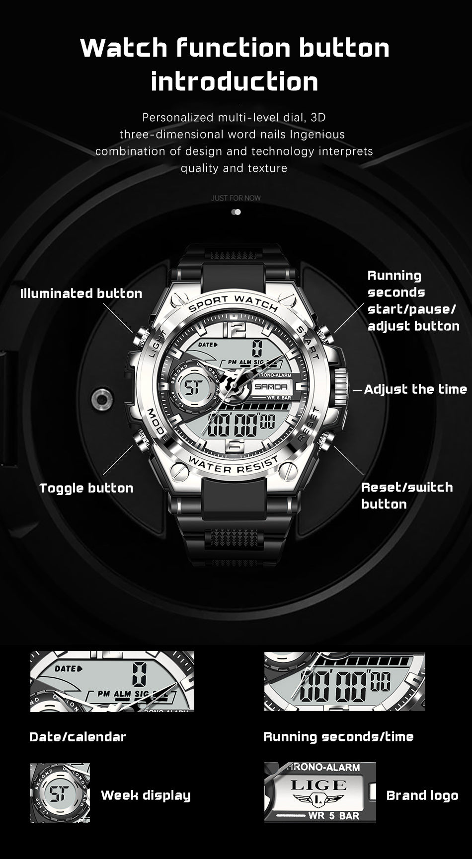 Waterproof Military Watch LED Quartz Clock Sport Male Big Watches
