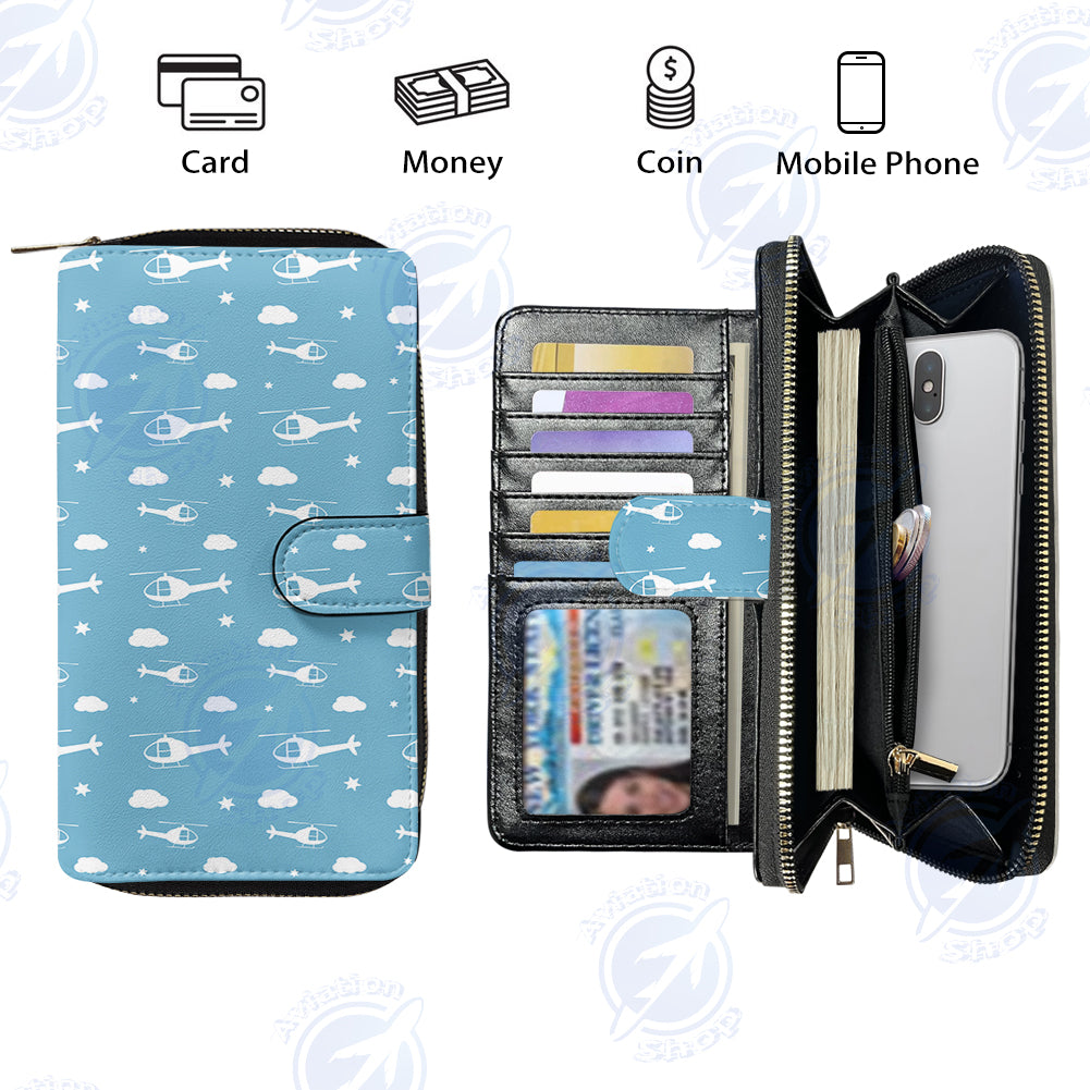 Helicopters & Clouds Designed Leather Long Zipper Wallets
