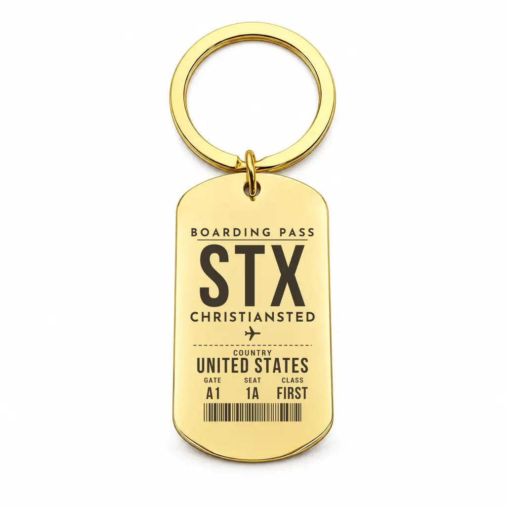 Henry E. Rohlsen Airport STX — Christiansted - Key Chain - Boarding Pass Style - Gold