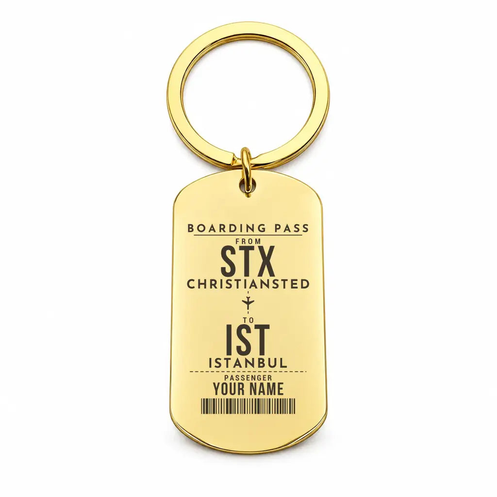 Henry E. Rohlsen Airport STX — Christiansted - Key Chain - Customizable Boarding Pass - Gold