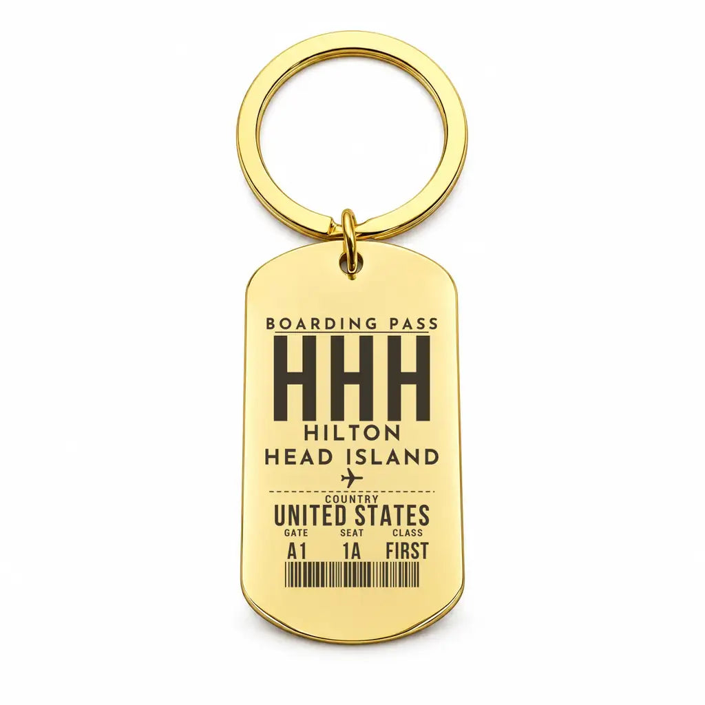 Hilton Head Island Airport HHH - Key Chain - Boarding Pass Style - Gold