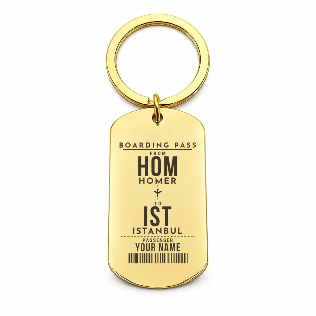 Homer Airport HOM - Key Chain - Customizable Boarding Pass - Gold