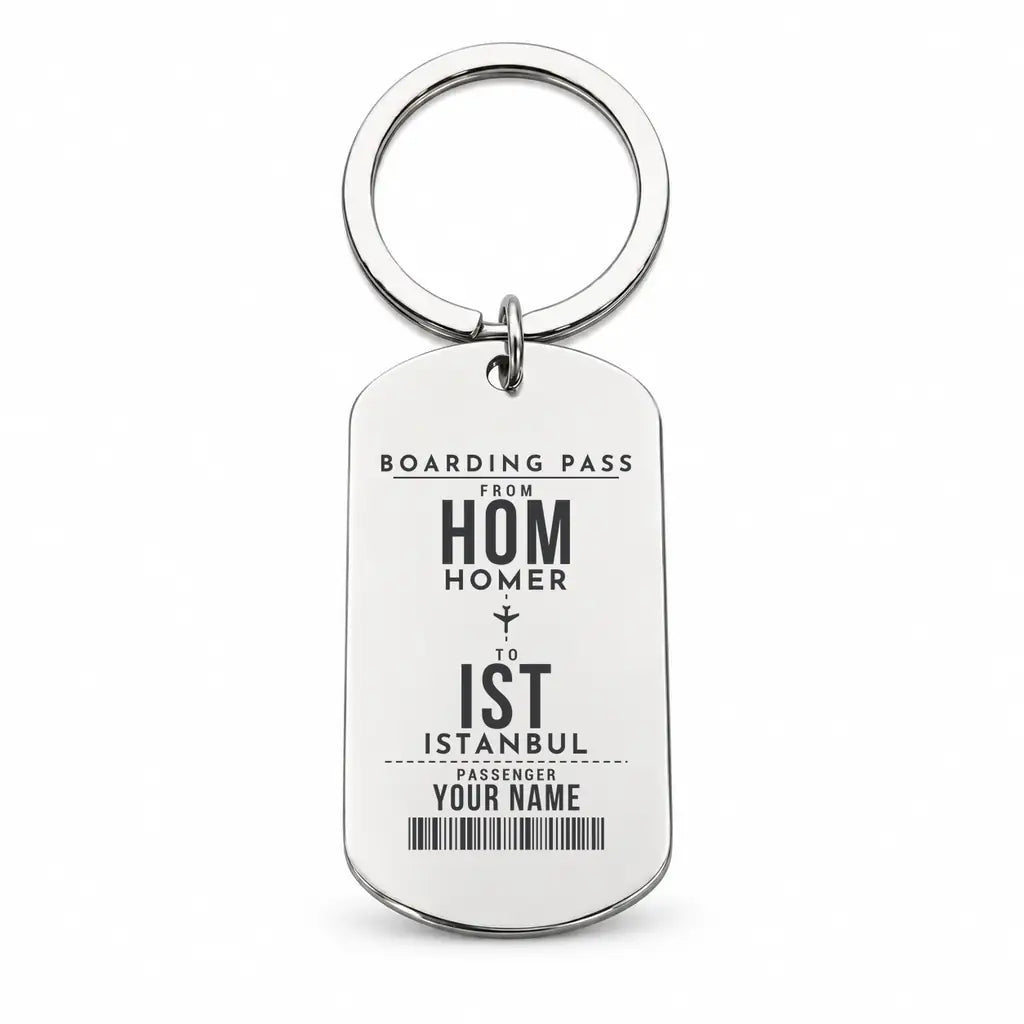 Homer Airport HOM - Key Chain - Customizable Boarding Pass - Silver