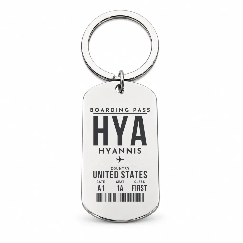 Hyannis Cape Cod Gateway Airport HYA - Key Chain - Boarding Pass Style - Silver