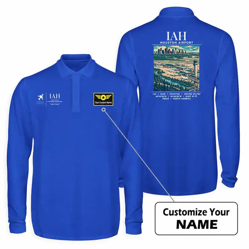 Houston George Bush Intercontinental Airport (IAH) Premium Polo T-Shirts - Poster + Name - Long Sleeve - Blue