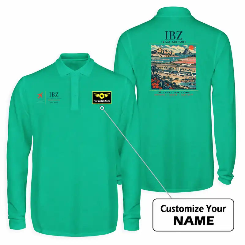 Ibiza Airport (IBZ) Premium Polo T-Shirts - Poster + Name - Long Sleeve - Green
