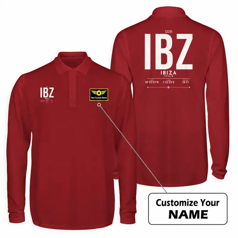 Ibiza Airport (IBZ) Premium Polo T-Shirts - Tag + Name - Long Sleeve - Dark Red