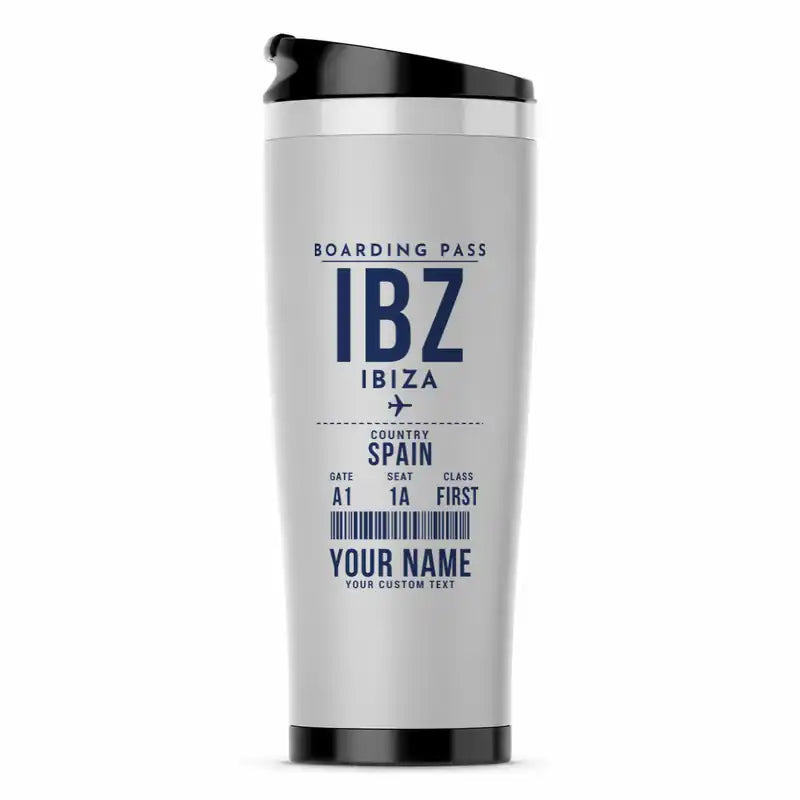 Ibiza Airport (IBZ) Travel Mugs - Boarding Pass + Name - Stainless Steel (No Holder) - Light Gray