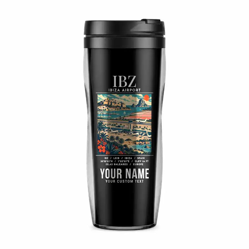 Ibiza Airport (IBZ) Travel Mugs - Poster + Name - Plastic (No Holder) - Black