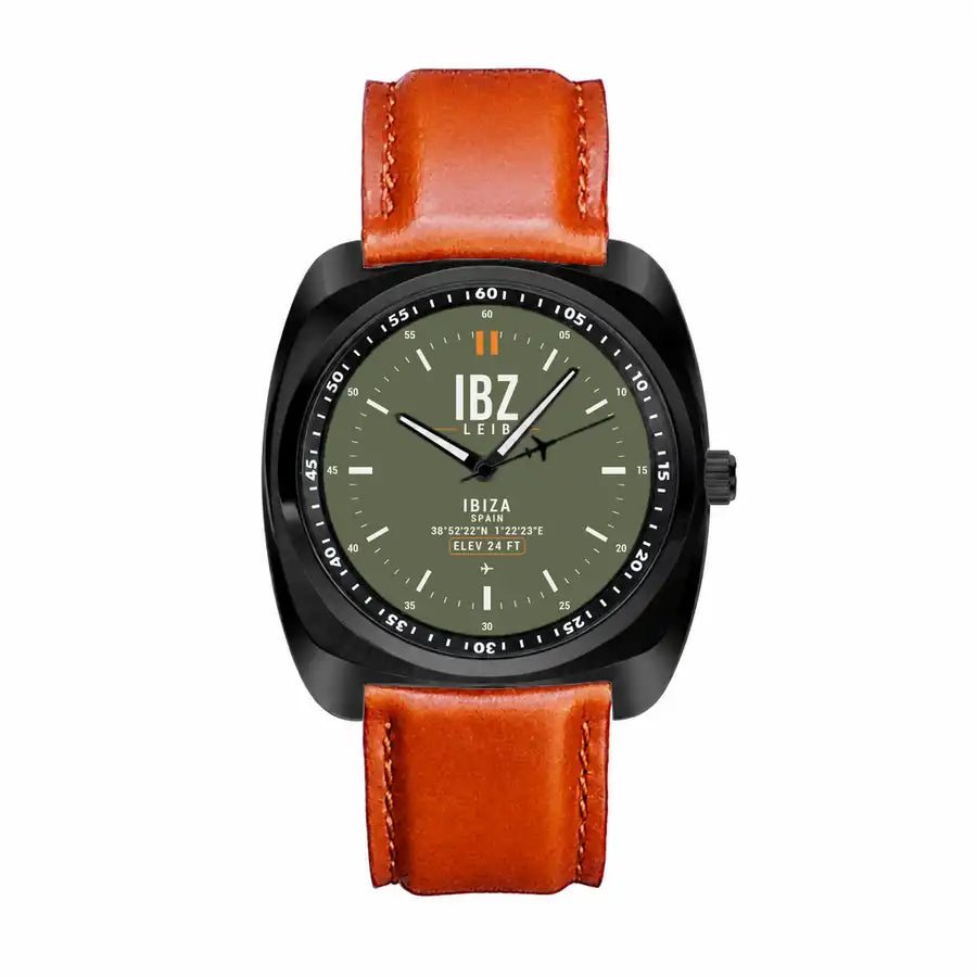 Ibiza Airport (IBZ) Aviator Watches - Classic - Green Army - Luxury Cushion - Black & Light Brown Strap