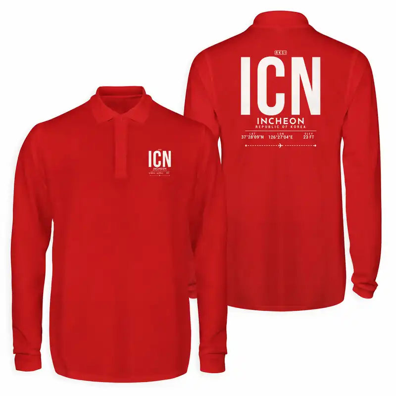 Incheon International Airport (ICN) Premium Polo T-Shirts - Tag - Long Sleeve - Red