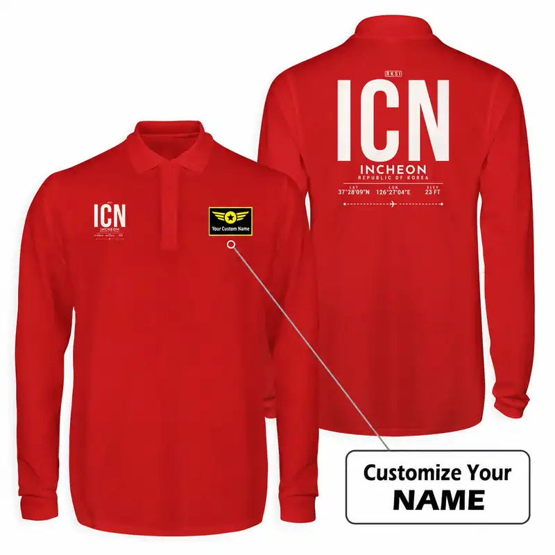 Incheon International Airport (ICN) Premium Polo T-Shirts - Tag + Name - Long Sleeve - Red