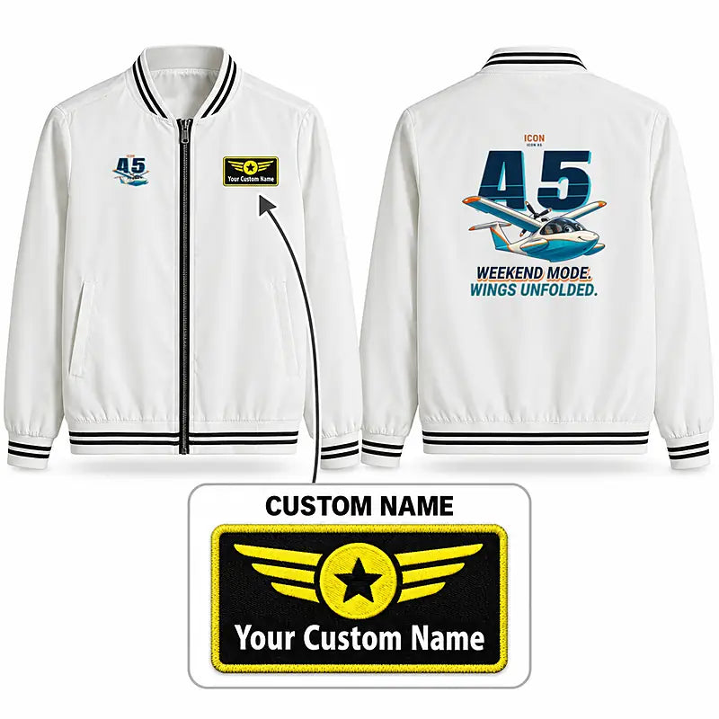 ICON A5 Stylish Jackets - Baseball Collar - Cartoon + Name - White