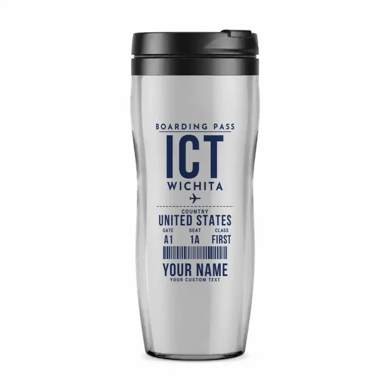 Wichita Dwight D. Eisenhower National Airport (ICT) Travel Mugs - Boarding Pass + Name - Plastic (No Holder) - Light Gray