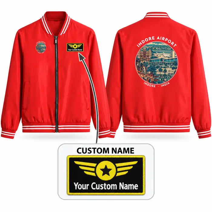Devi Ahilya Bai Holkar Airport (IDR) Stylish Jackets - Baseball Collar - Badge + Name - Red