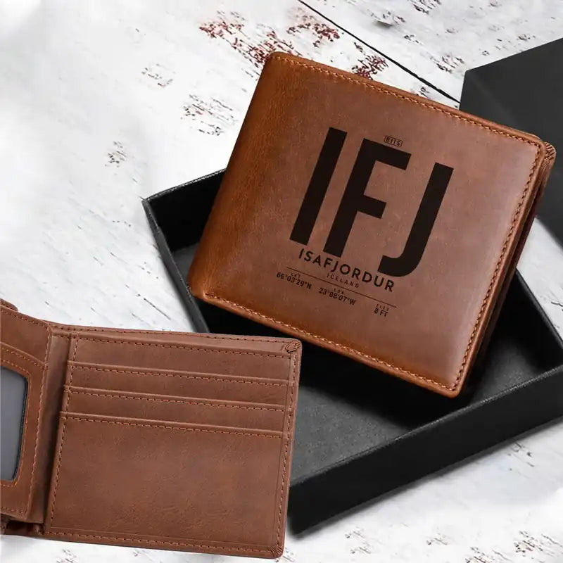 Isafjordur Airport (IFJ) Leather Wallets - Laser Leather Wallet - Tag