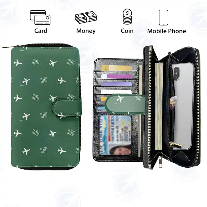 Foz do Iguaçu International Airport (IGU) Leather Wallets - Zip Long Wallet - Pattern - Green