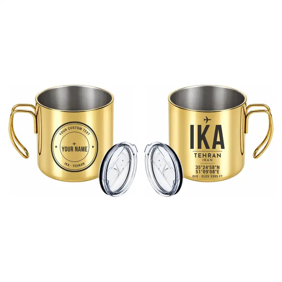 Tehran Imam Khomeini International Airport (IKA) Stainless Steel Mugs - ID Tag + Custom Back - Portable Mug - Gold