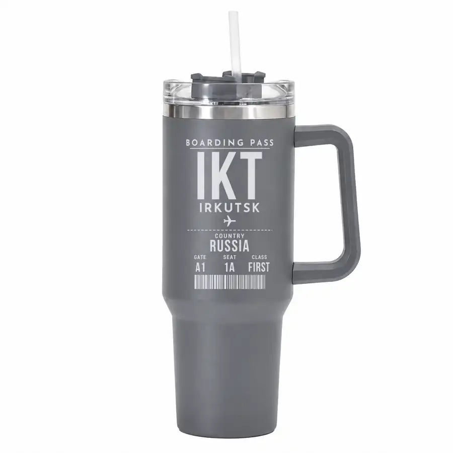Irkutsk International Airport (IKT) Stainless Steel Mugs - Boarding Pass - 40oz Car Mug - Gray
