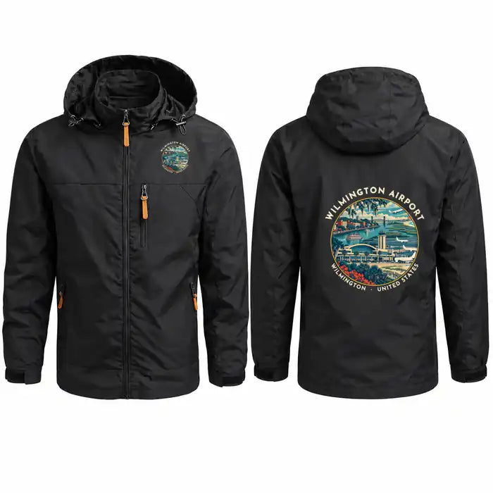 Wilmington International Airport (ILM) Stylish Jackets - Hooded Windbreaker - Badge - Black