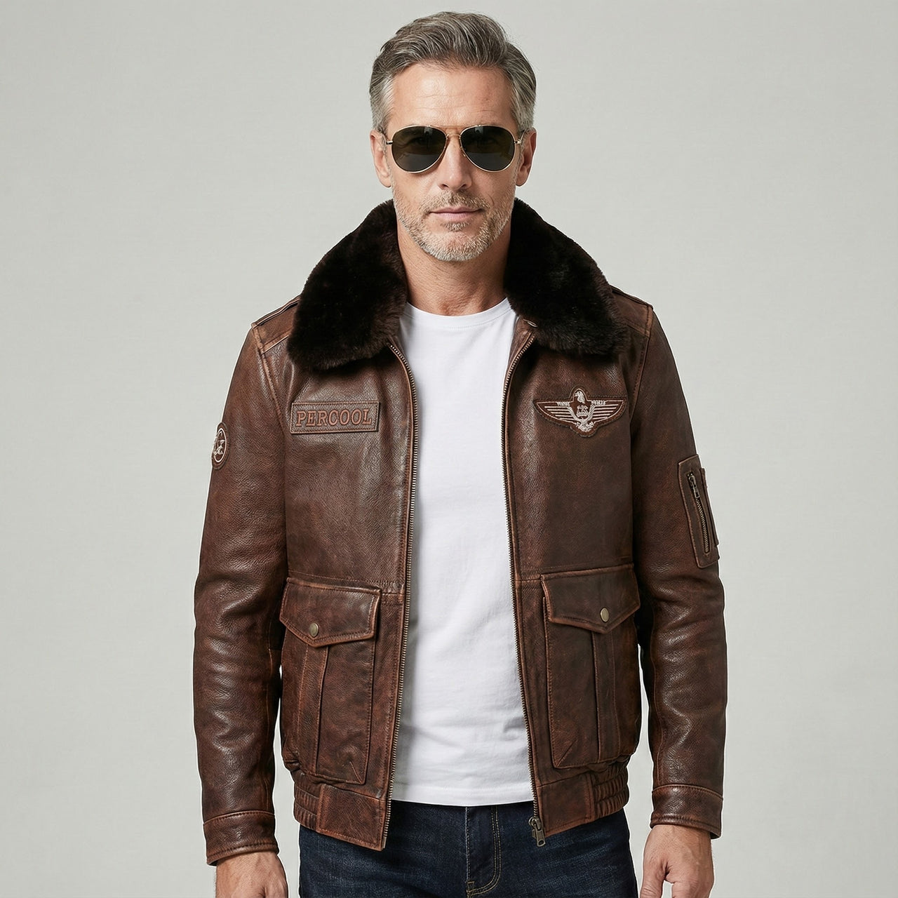 Genuine Leather Stylish Designed Cool Pilot Jacket with Fur
