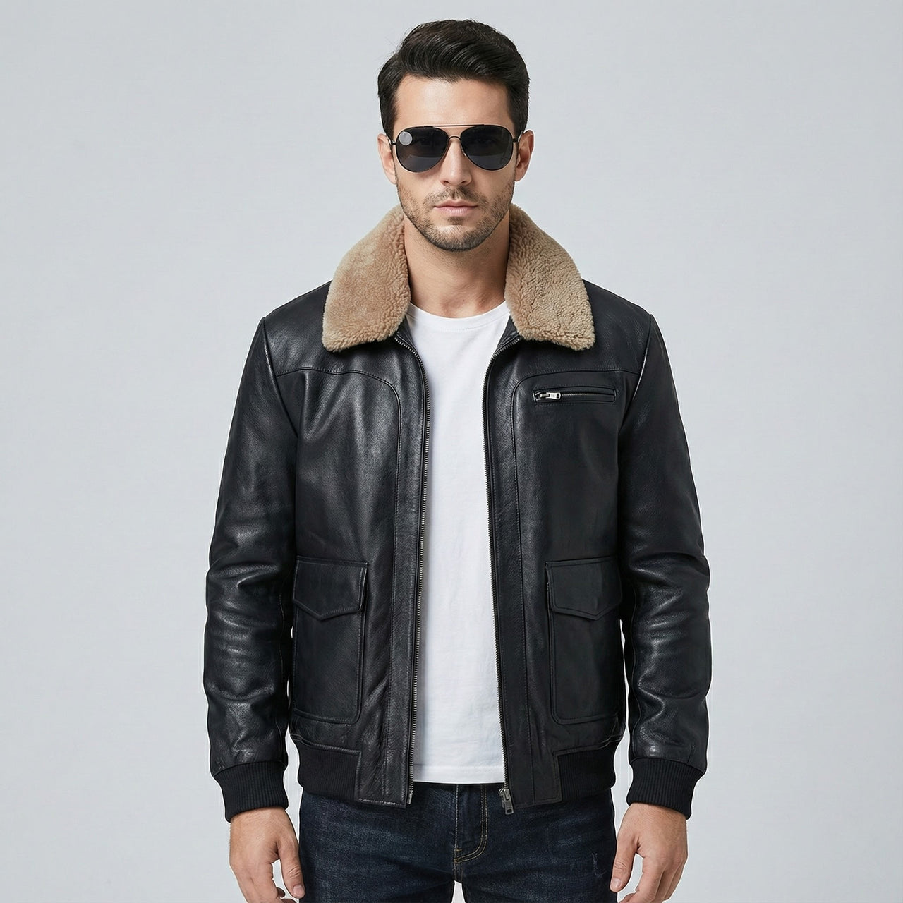 Genuine Leather Removable Fur Collar Aviator Jacket