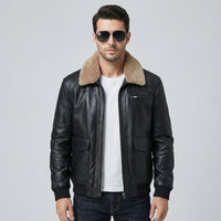 Thumbnail for Genuine Leather Removable Fur Collar Aviator Jacket