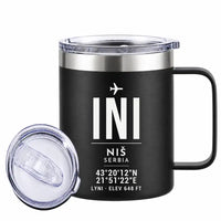 Thumbnail for Niš Constantine the Great Airport (INI) Stainless Steel Mugs - ID Tag - Stainless Steel Mug - 14 oz / 400ML - Black