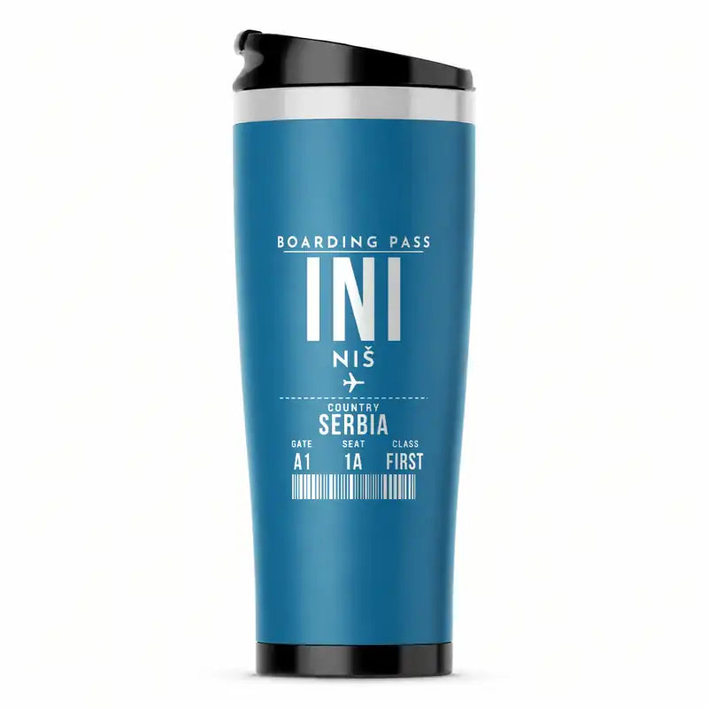 Niš Constantine the Great Airport (INI) Travel Mugs - Boarding Pass - Stainless Steel (No Holder) - Light Blue